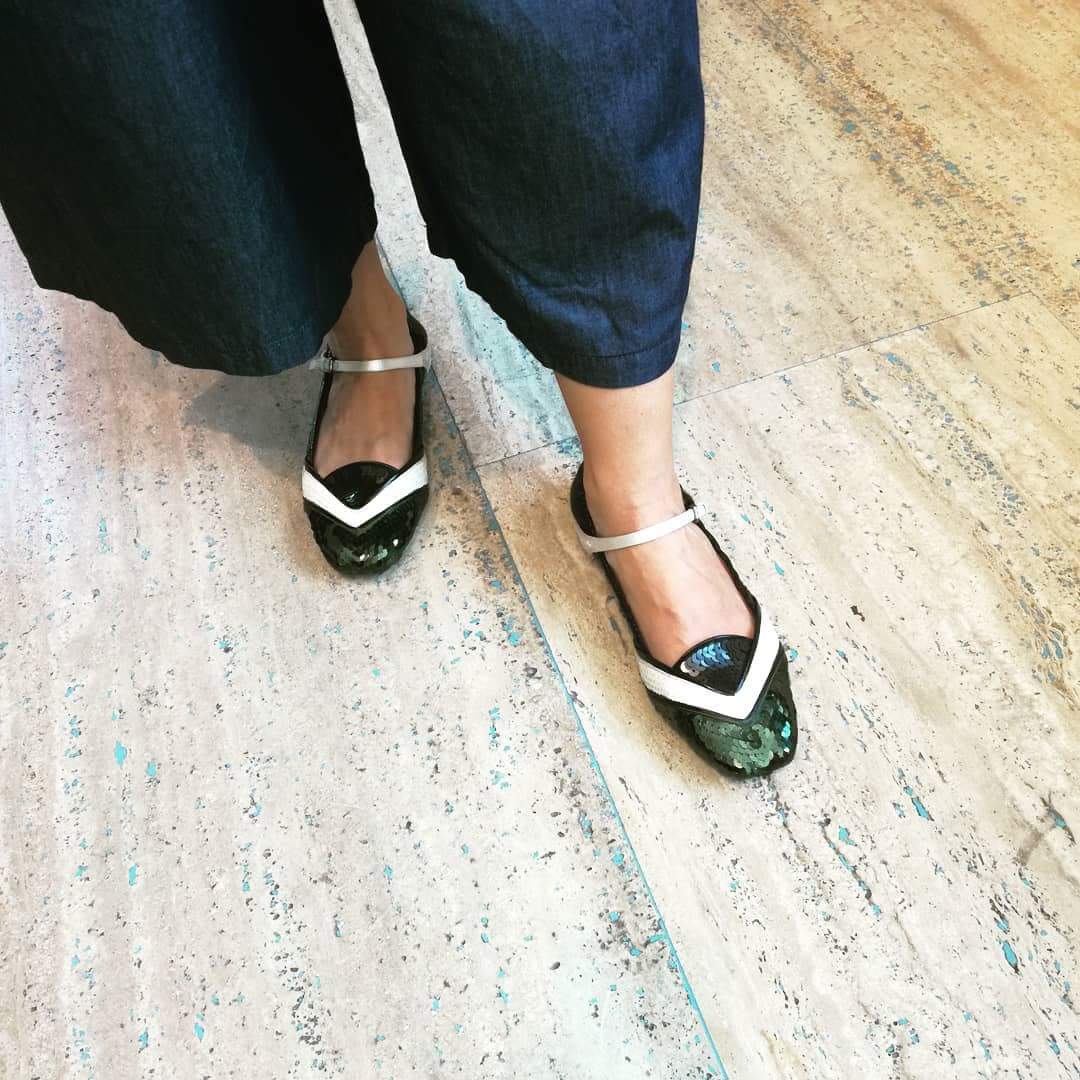 Ballerine Miu Miu in pelle, raso e paillettes tg. 38.