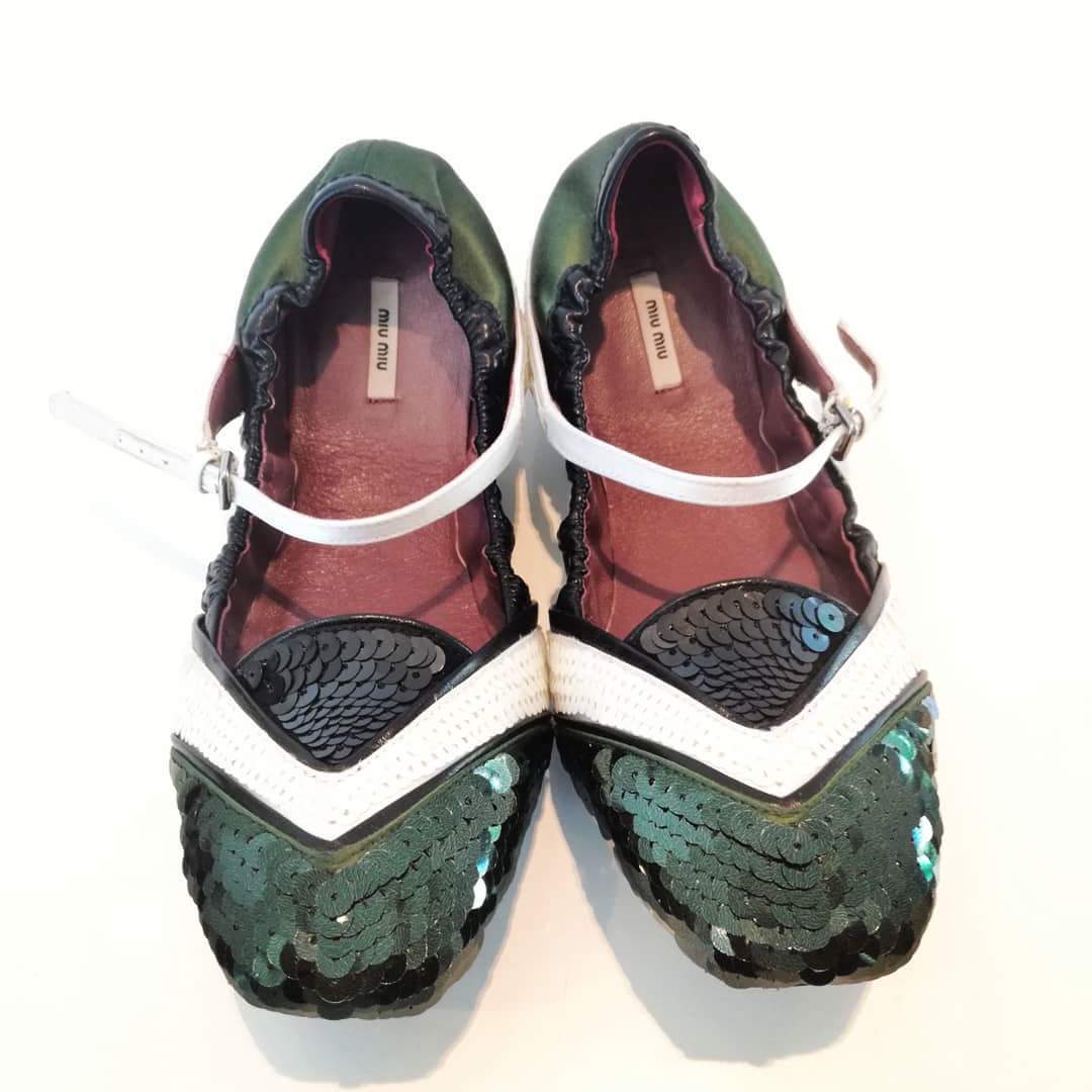 Ballerine Miu Miu in pelle, raso e paillettes tg. 38.
