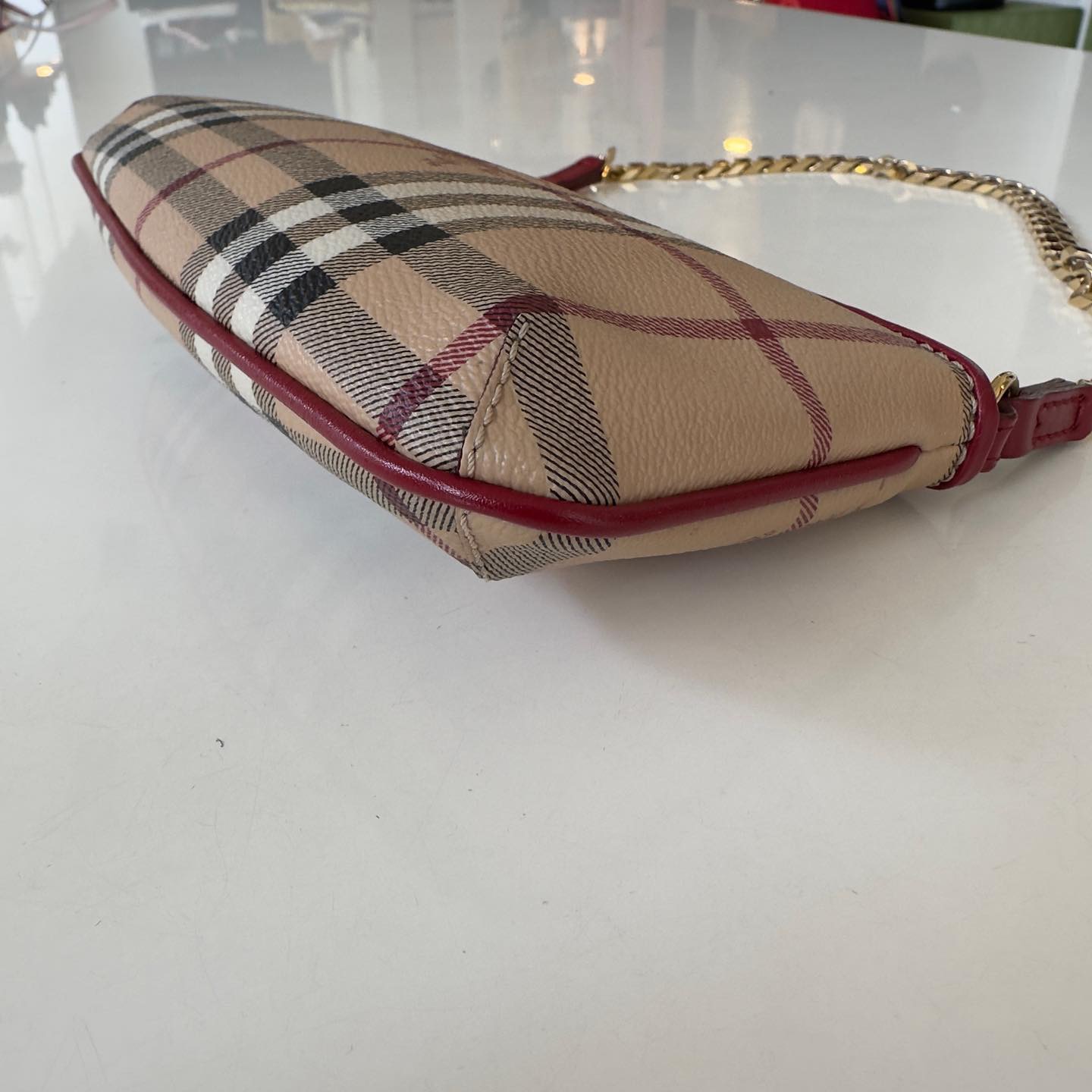 Burberry - Clara Haymarket Check Chain Pochette Red